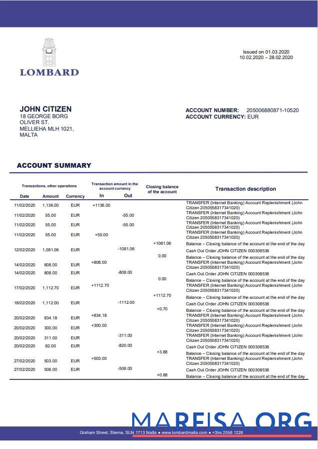 Printable Malta Lombard Bank Malta p.l.c. bank statement word template